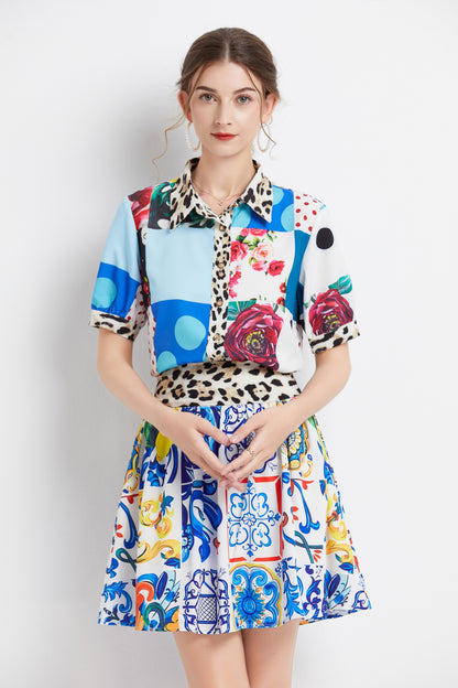 SSY-Women's 2 Piece Skirt Set Floral Short Sleeve Short Dress