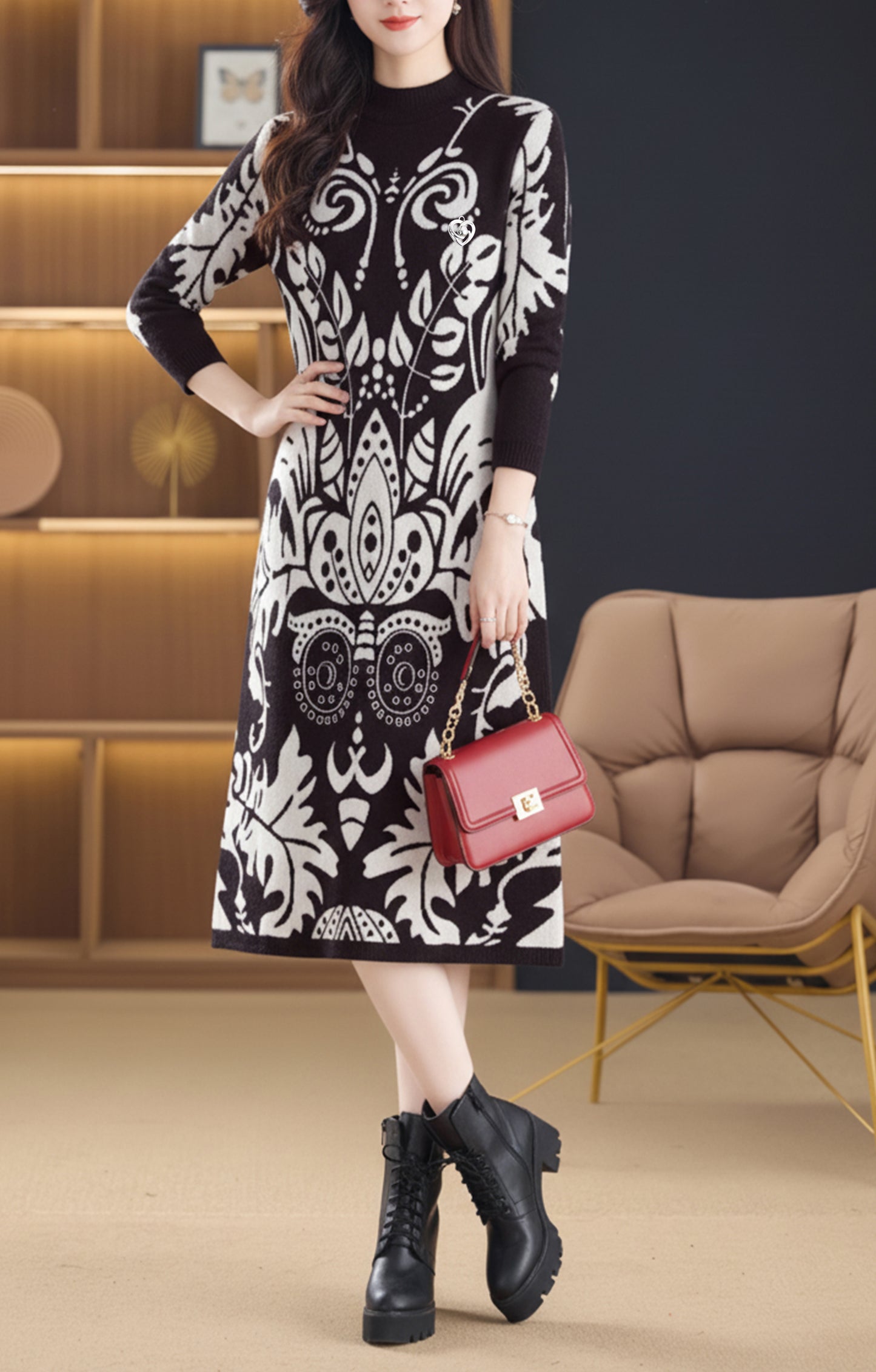 Women's Fashion Print Knit Pullover Sweater Midi Dress