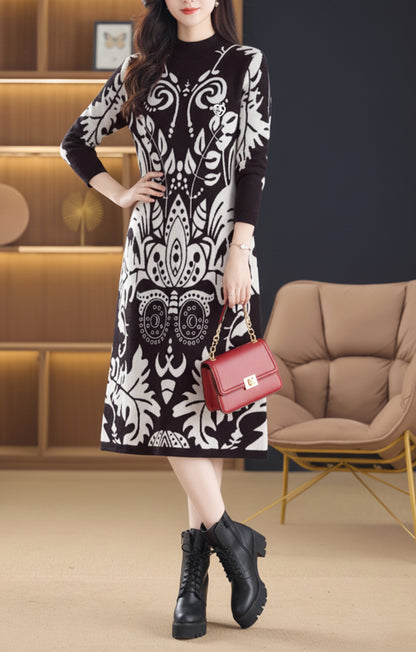 Women's Fashion Print Knit Pullover Sweater Midi Dress