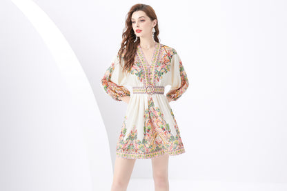 Women's V-Neck Floral Print Lantern Sleeve Mini Dress