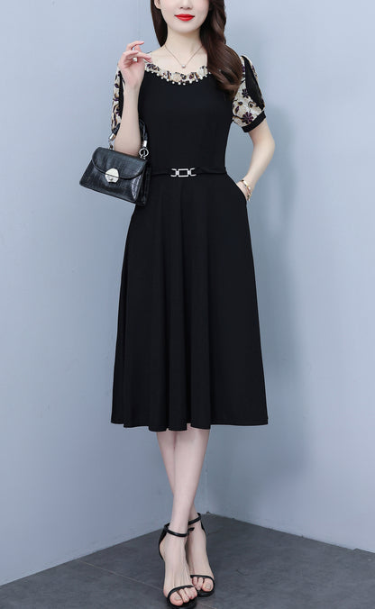 Women's Short Sleeve Pocket A-line Stretch Midi Dress