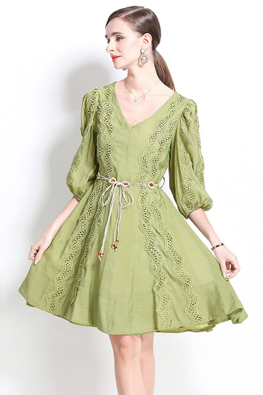 Women's Puff Sleeves V-Neck Hollow Embroidery Mini Dress