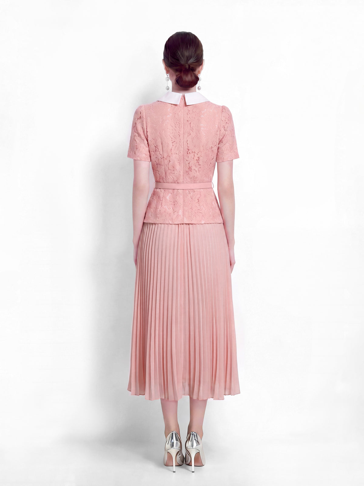 Pink Lace Pleated Midi Dress with Belt