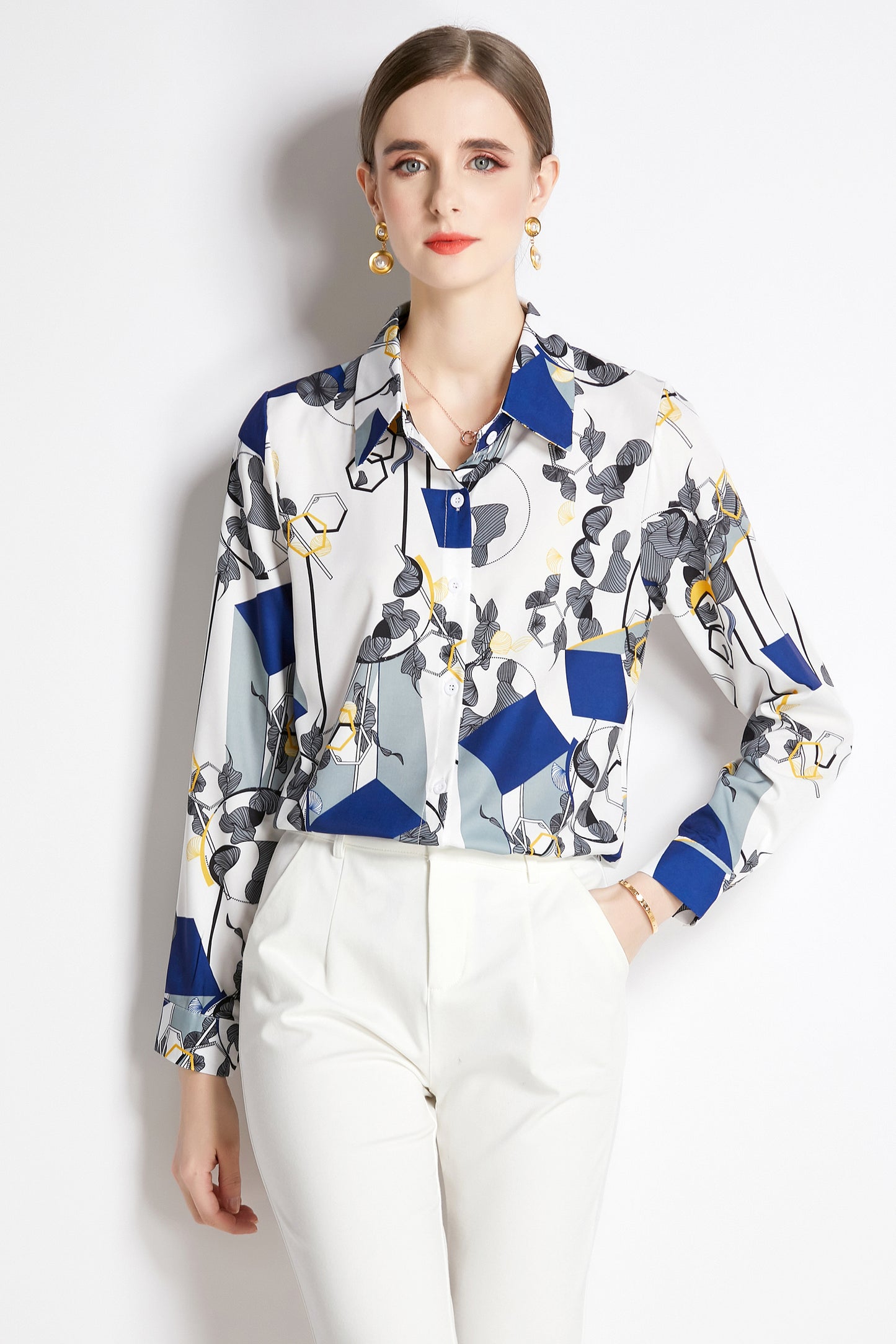 ESY-Women's Shirt Floral Print Long Sleeve Button Blouse