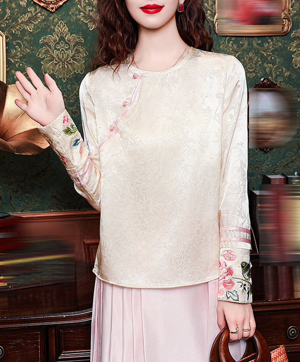 New Chinese Style Jacquard Blouse with Embroidered Cuffs