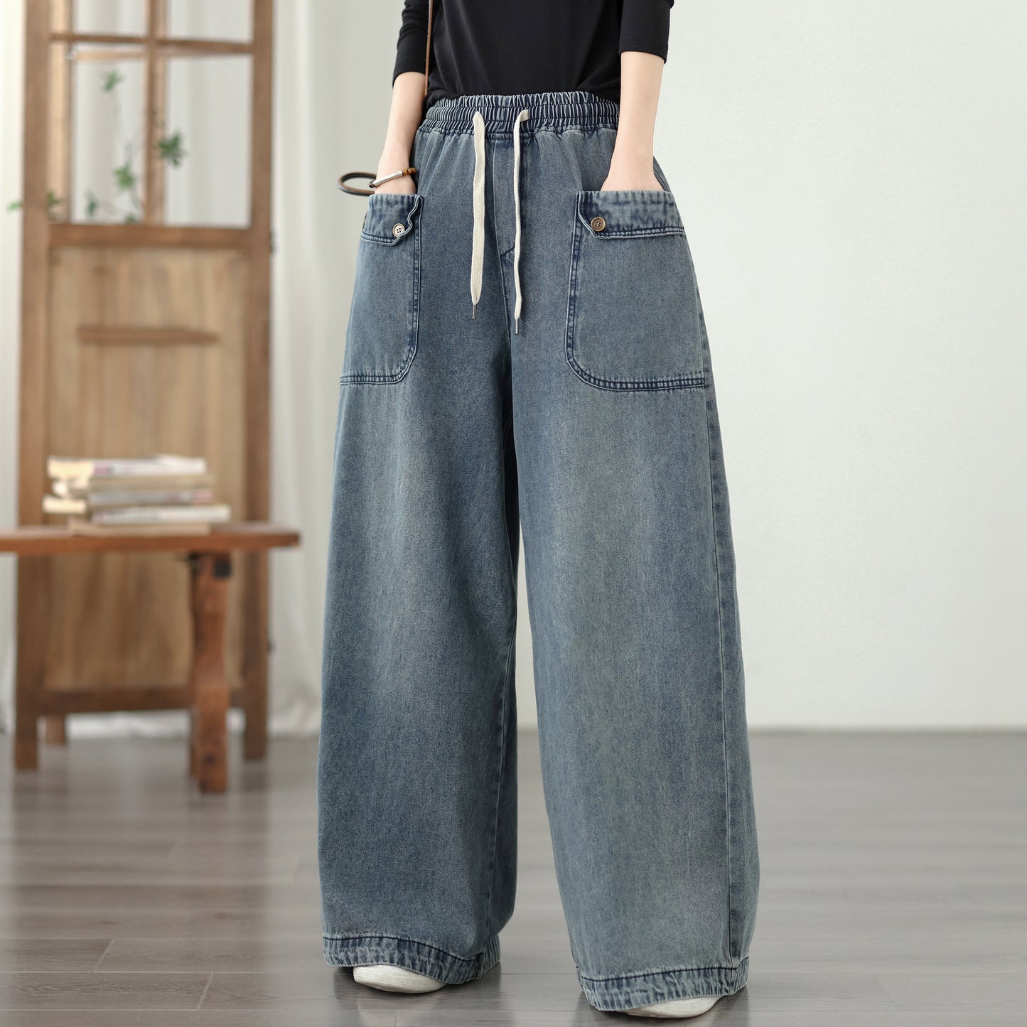 Jeans for Women Wide Leg Pull On Elastic Waist Denim - LAI MENG FIVE CATS