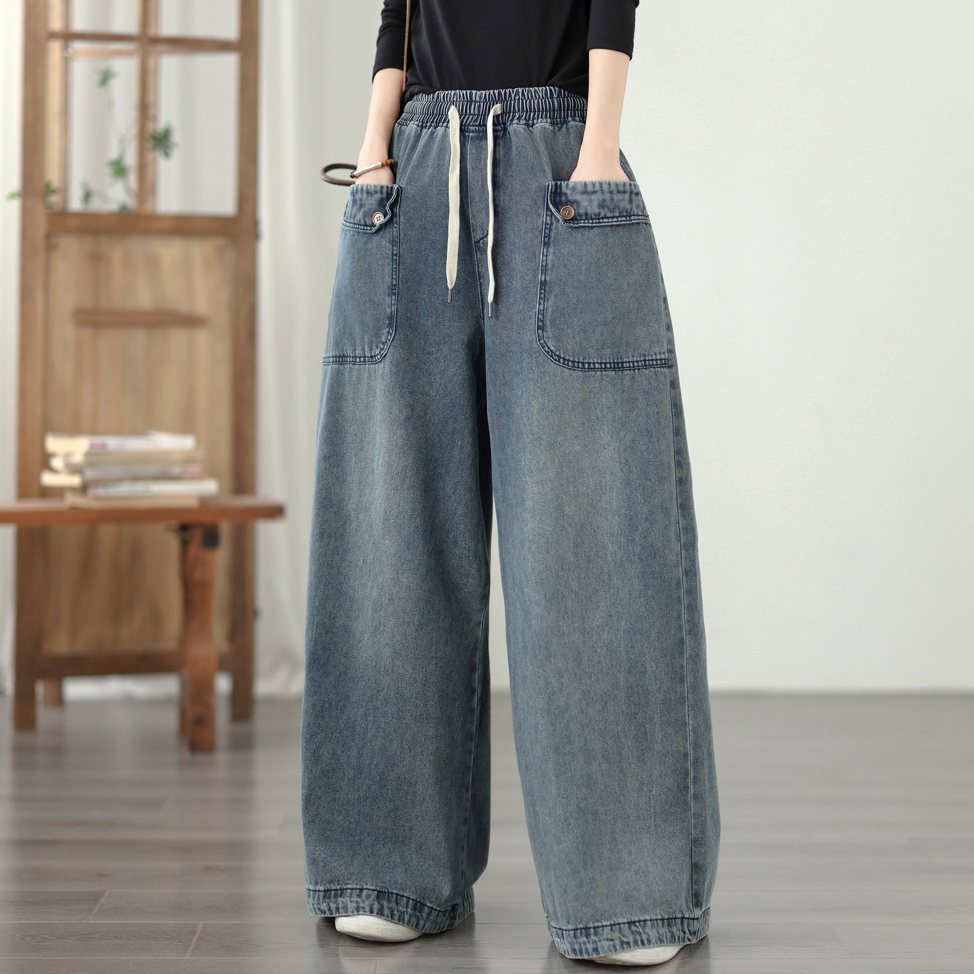 Jeans for Women Wide Leg Pull On Elastic Waist Denim - LAI MENG FIVE CATS