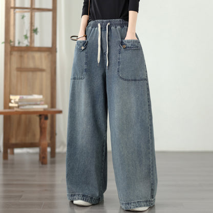Jeans for Women Wide Leg Pull On Elastic Waist Denim - LAI MENG FIVE CATS