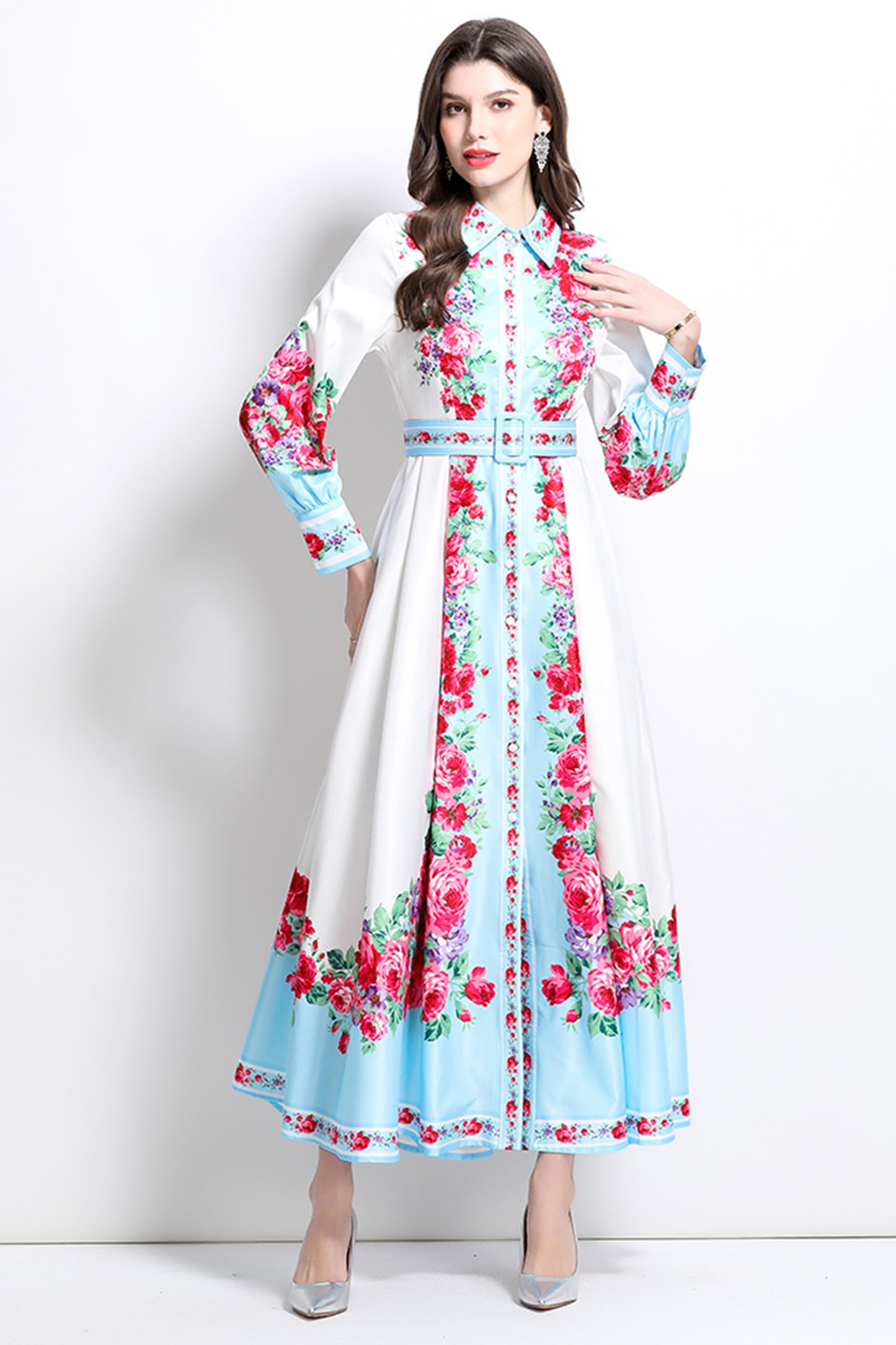 BK-Floral Print Maxi Dress Flowy Split Long Dress