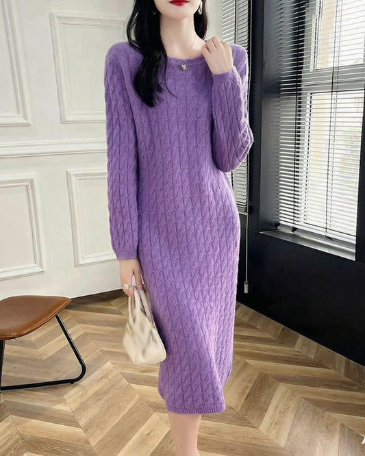 Elegant Cable Knit Midi Dress — Round Neck & Long Sleeve