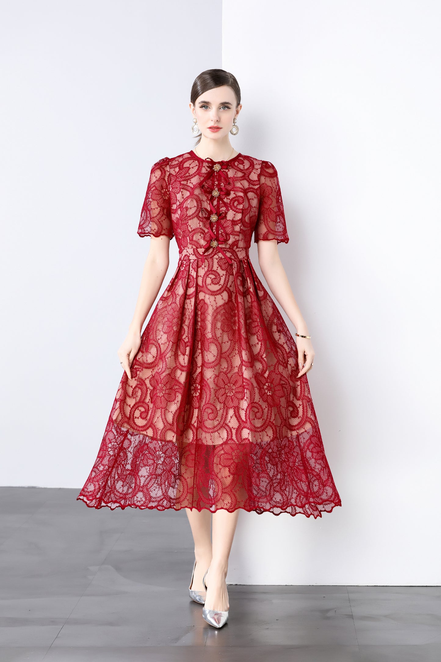 Red Lace Bow Midi Dress – Elegant Romantic Summer Party Dress