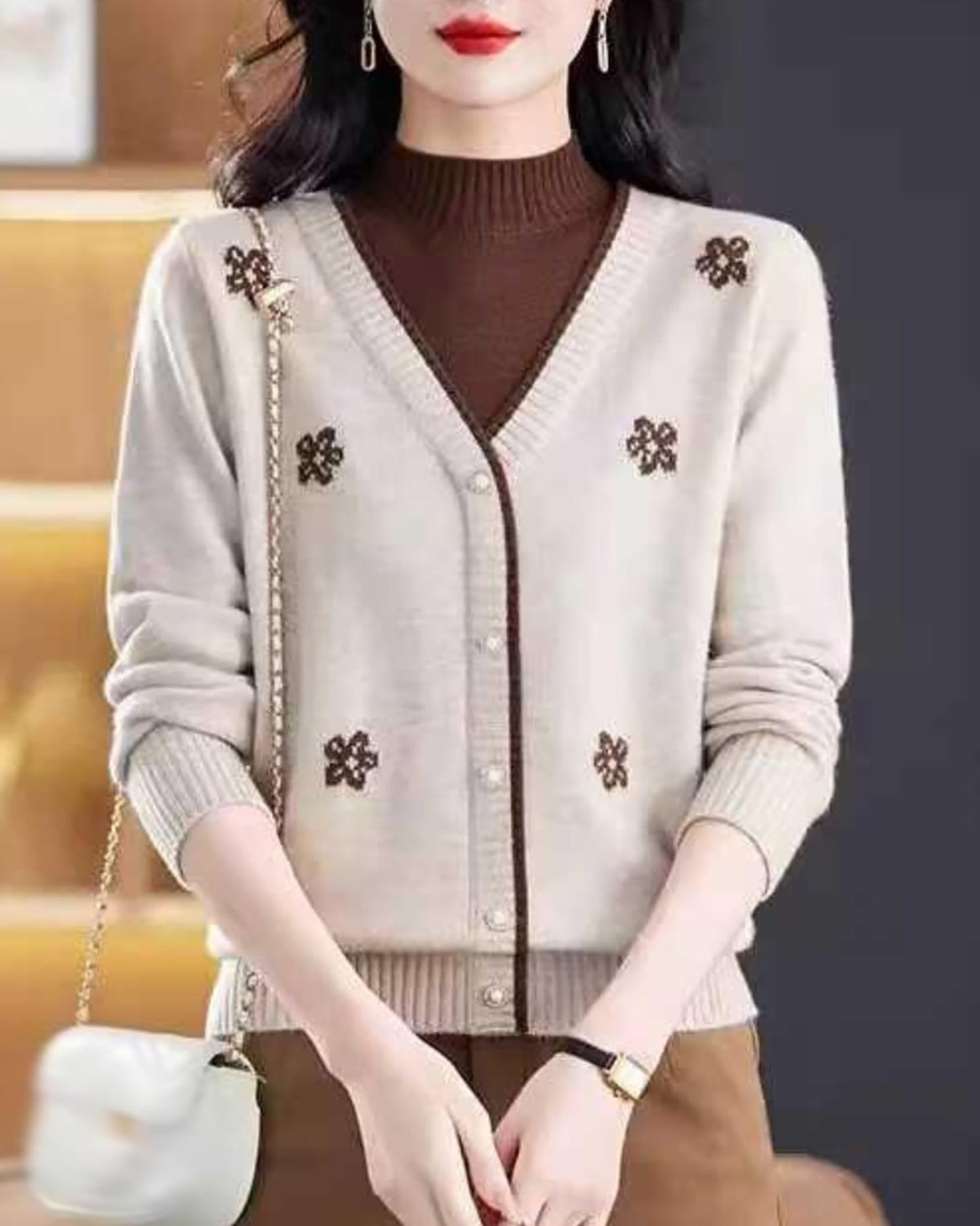 Floral Embroidered V-Neck Knit Sweater Pullover Top Fall Layered