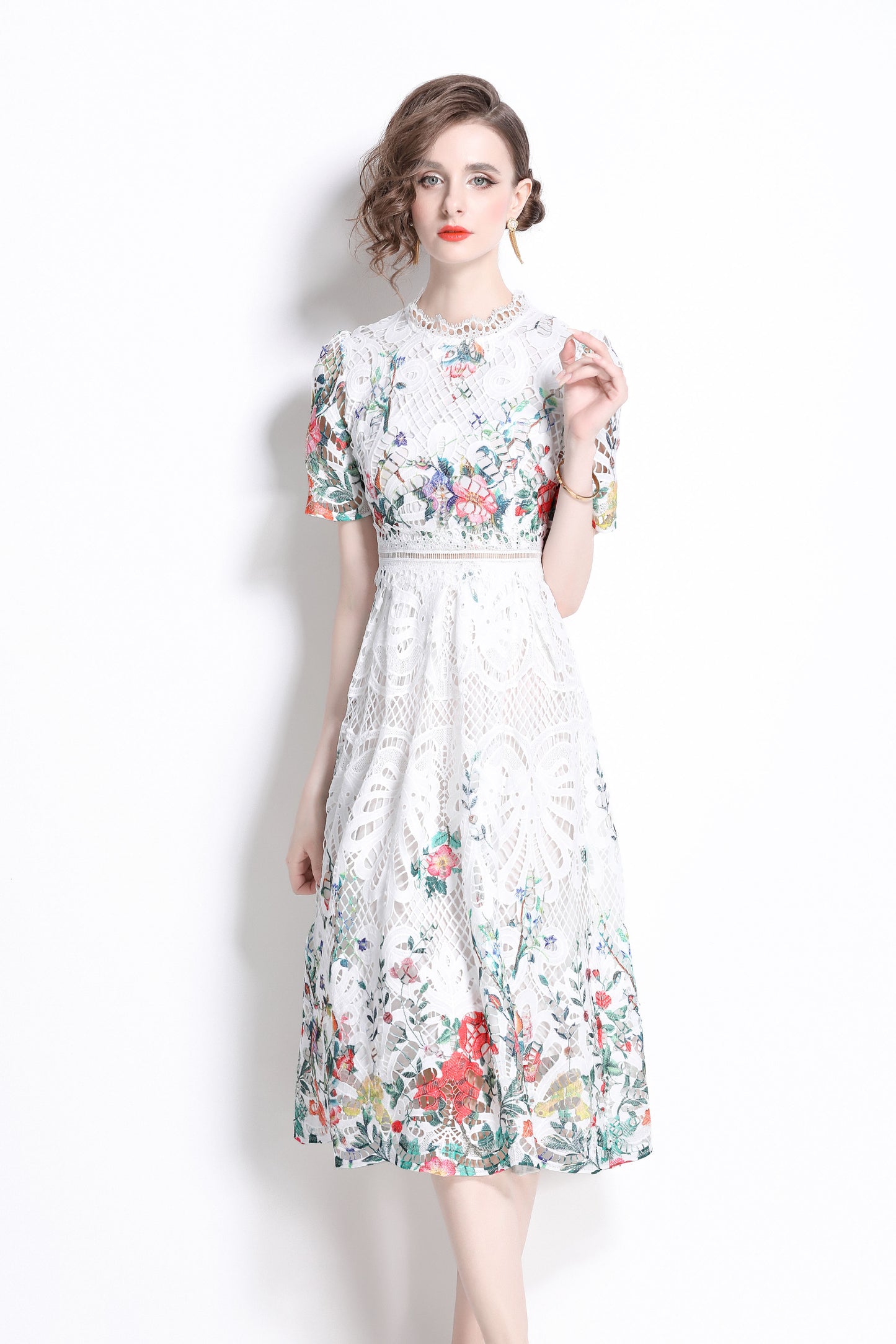 Women's Lace Floral Short Sleeve Crochet Waist Cocktail Midi Dress