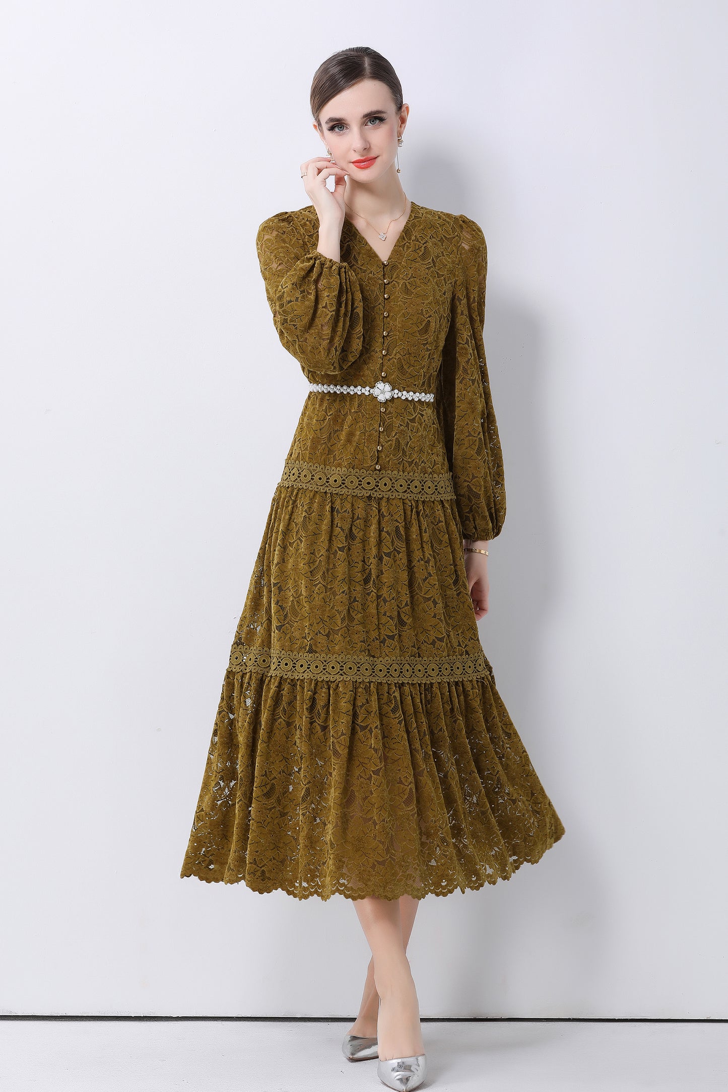 Women's V-Neck Puff Sleeves Button Lace Midi Dress