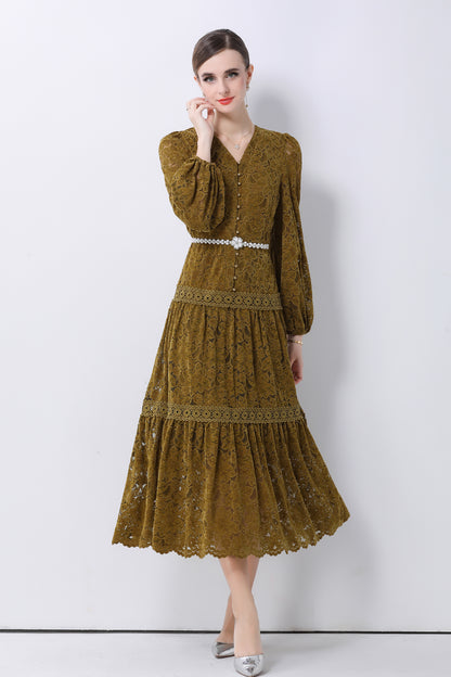Women's V-Neck Puff Sleeves Button Lace Midi Dress