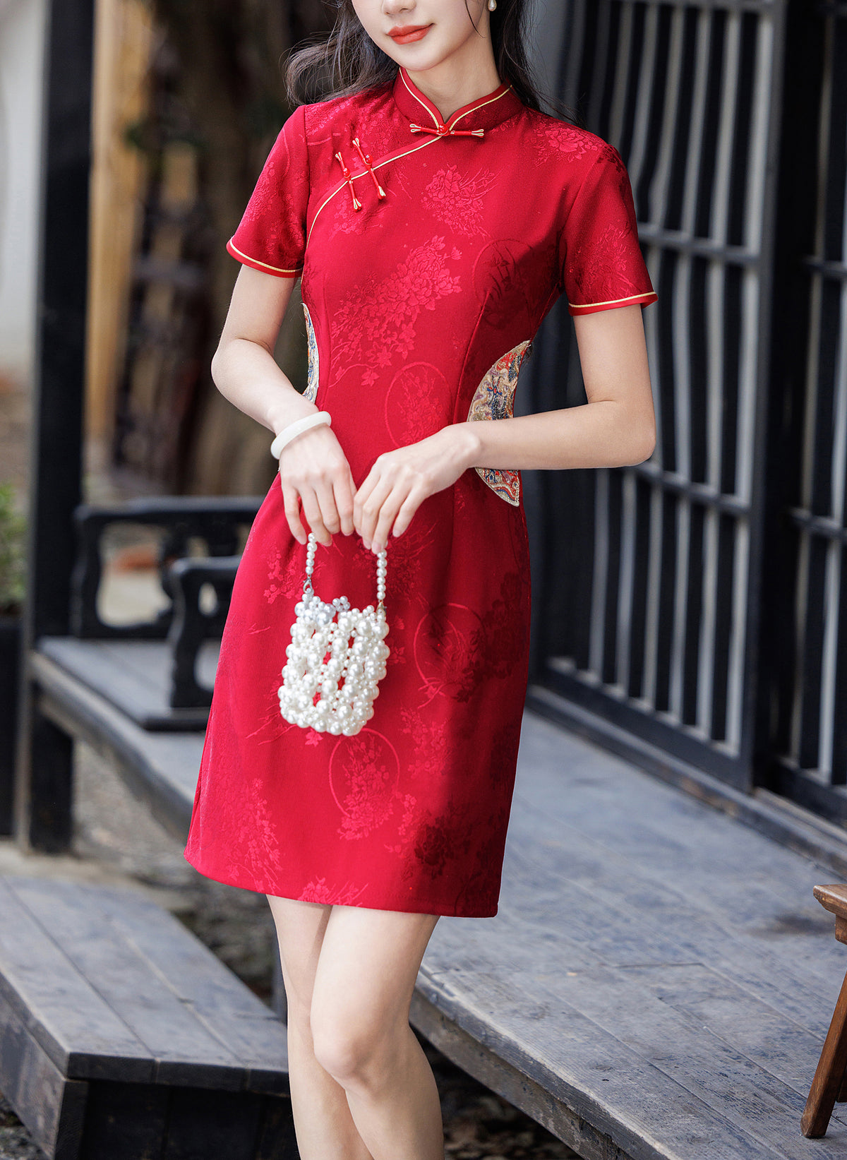 Red Jacquard Cheongsam Dress Embroidered Short Sleeve Mini Dress