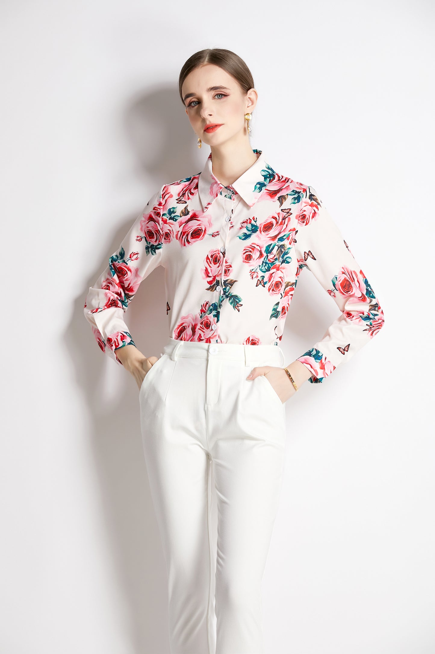 ESY-Women's Shirt Print Long Sleeve Button Blouse - LAI MENG FIVE CATS