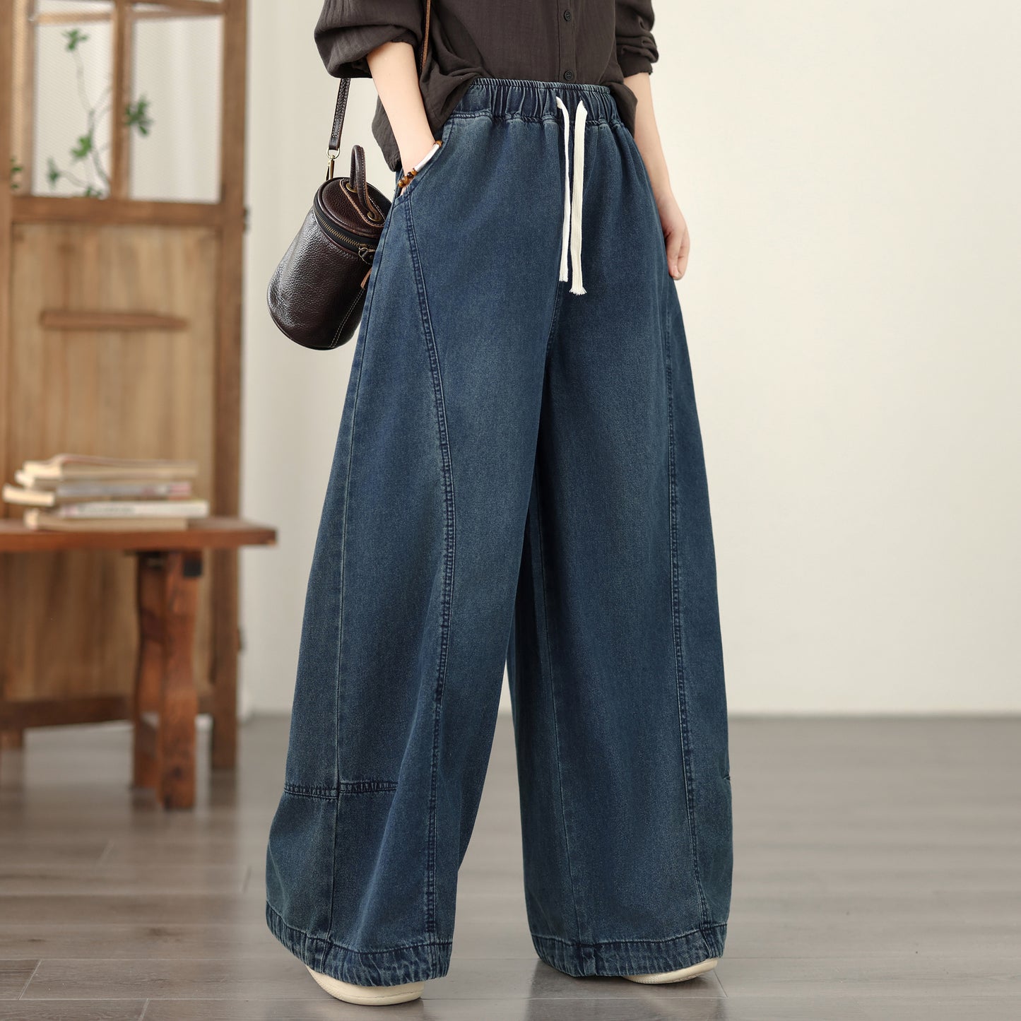 Jeans for Women Wide Leg Pull On Elastic Waist Denim - LAI MENG FIVE CATS