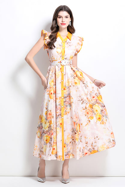 BK-Floral V Neck Sleeveless Ruffles Maxi Dresses