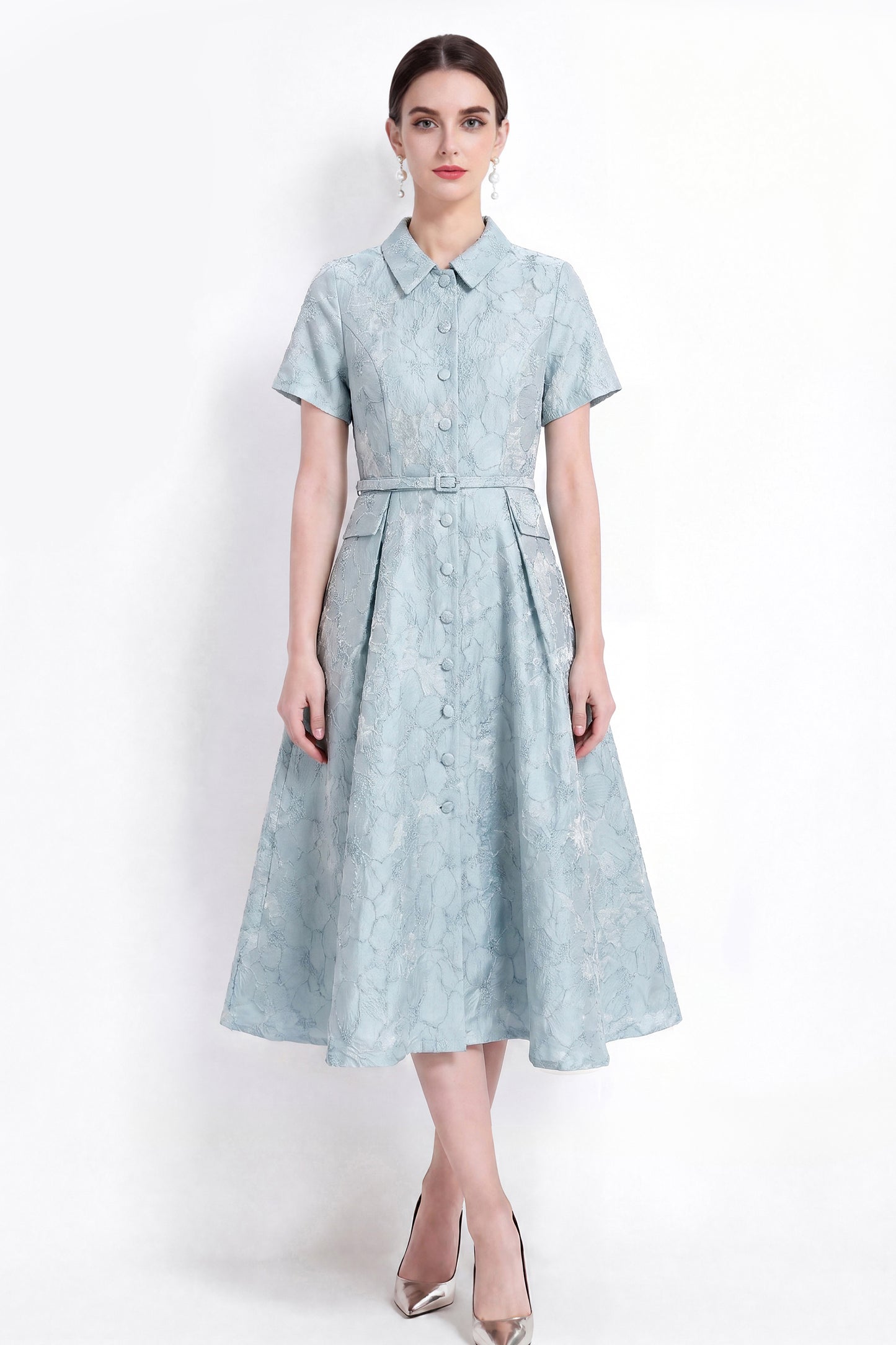 Luxury Jacquard Button-Front A-Line Midi Dress with Belt