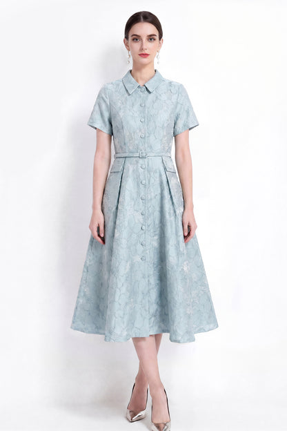 Luxury Jacquard Button-Front A-Line Midi Dress with Belt