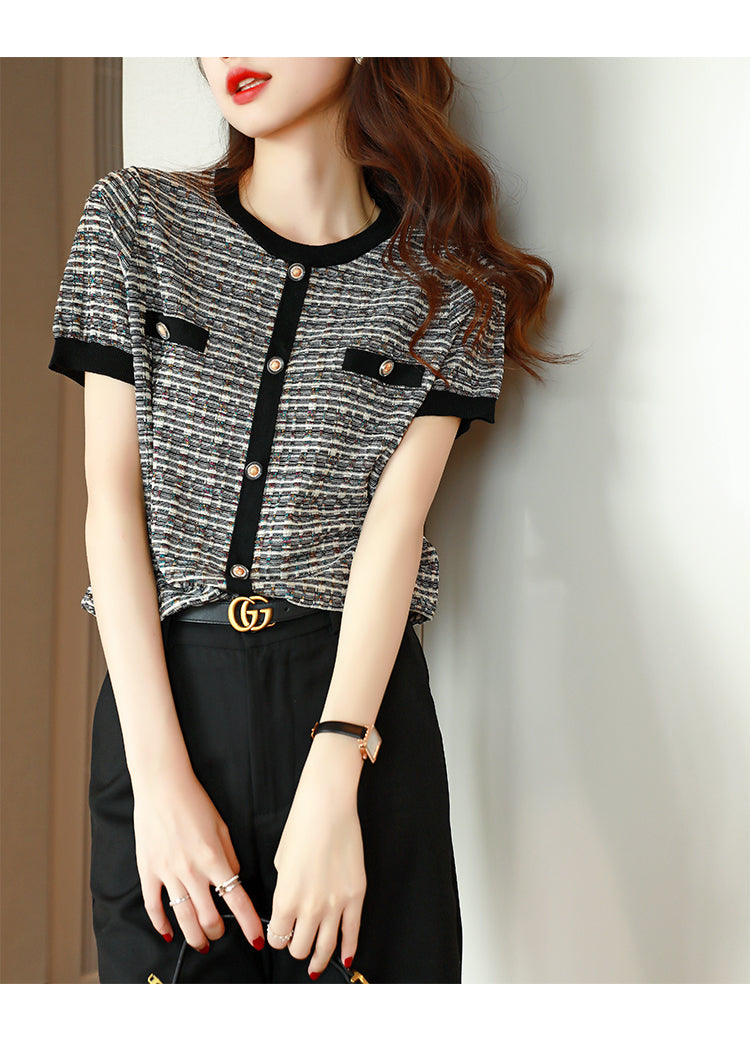 Chic Short-Sleeve Tweed Knit Top Short Sleeve Effortless Shirt