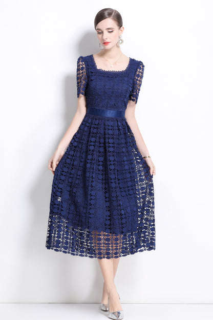 Women's Square Neck Hollow Lace Midi Dress