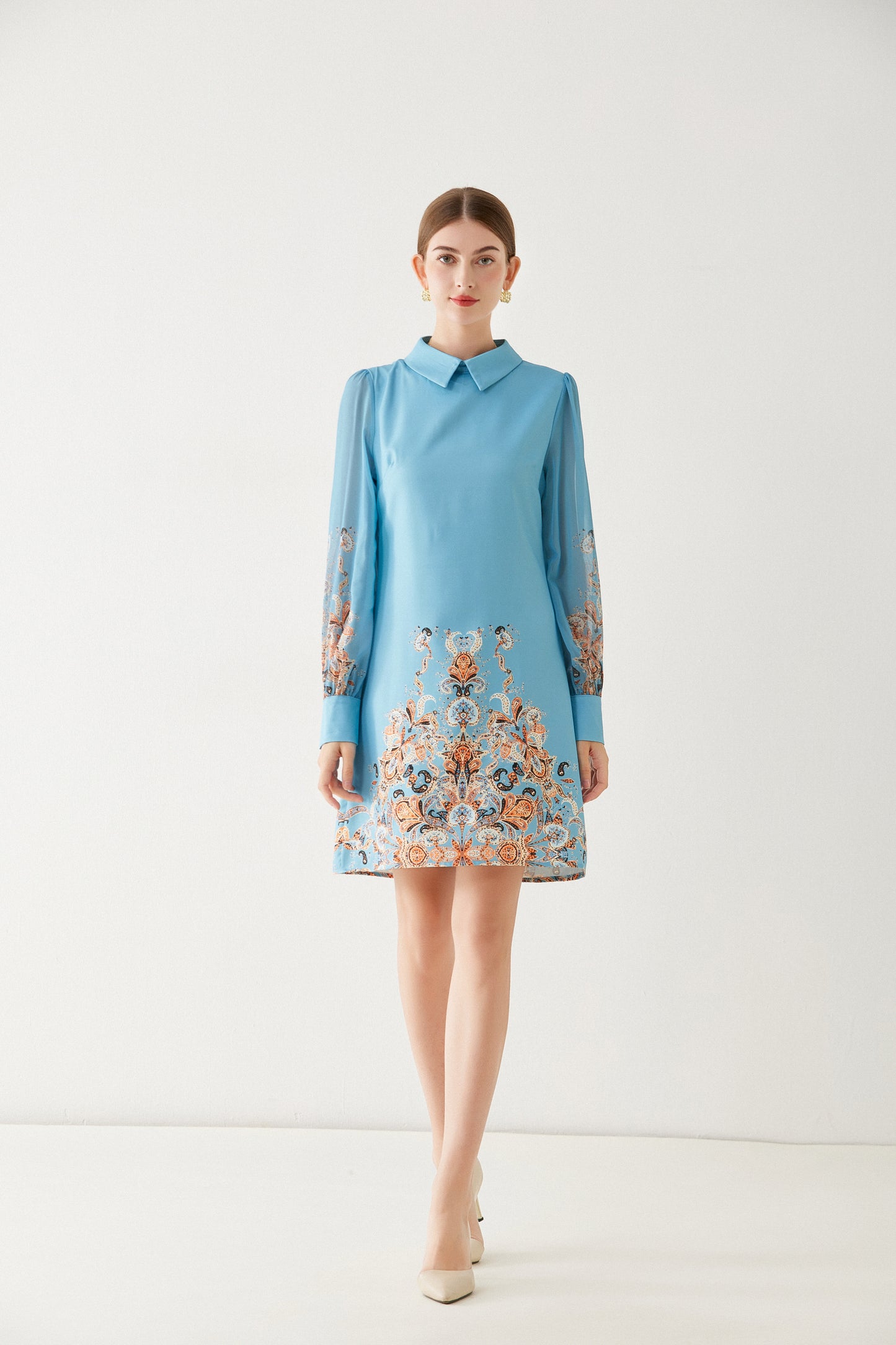 SSY-Women's Floral Chiffon Long Sleeve Mini Dress