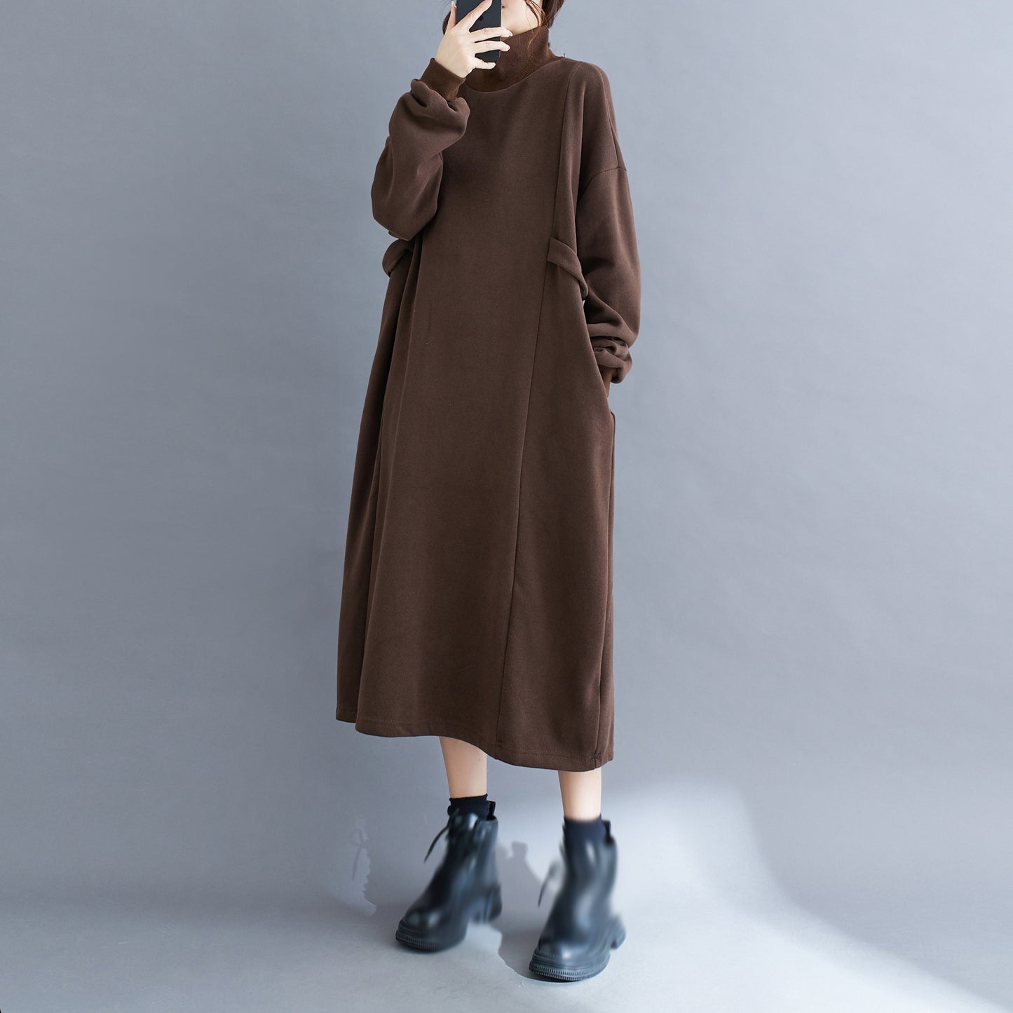 High Collar Pullover Dress With Pocket