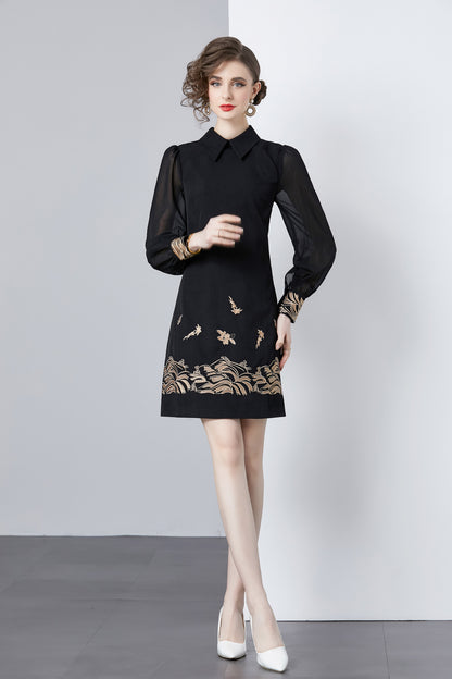 Vintage Women's Elegant Embroidered Hight Neck Mini Dress