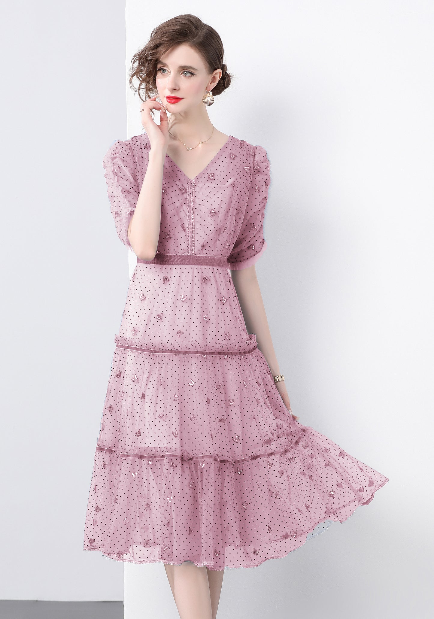 Pink Butterfly Embroidered Midi Dress – Romantic Tiered Tulle Dress