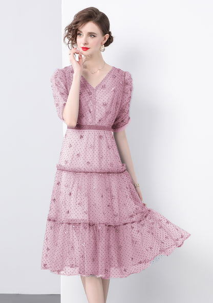 Pink Butterfly Embroidered Midi Dress – Romantic Tiered Tulle Dress