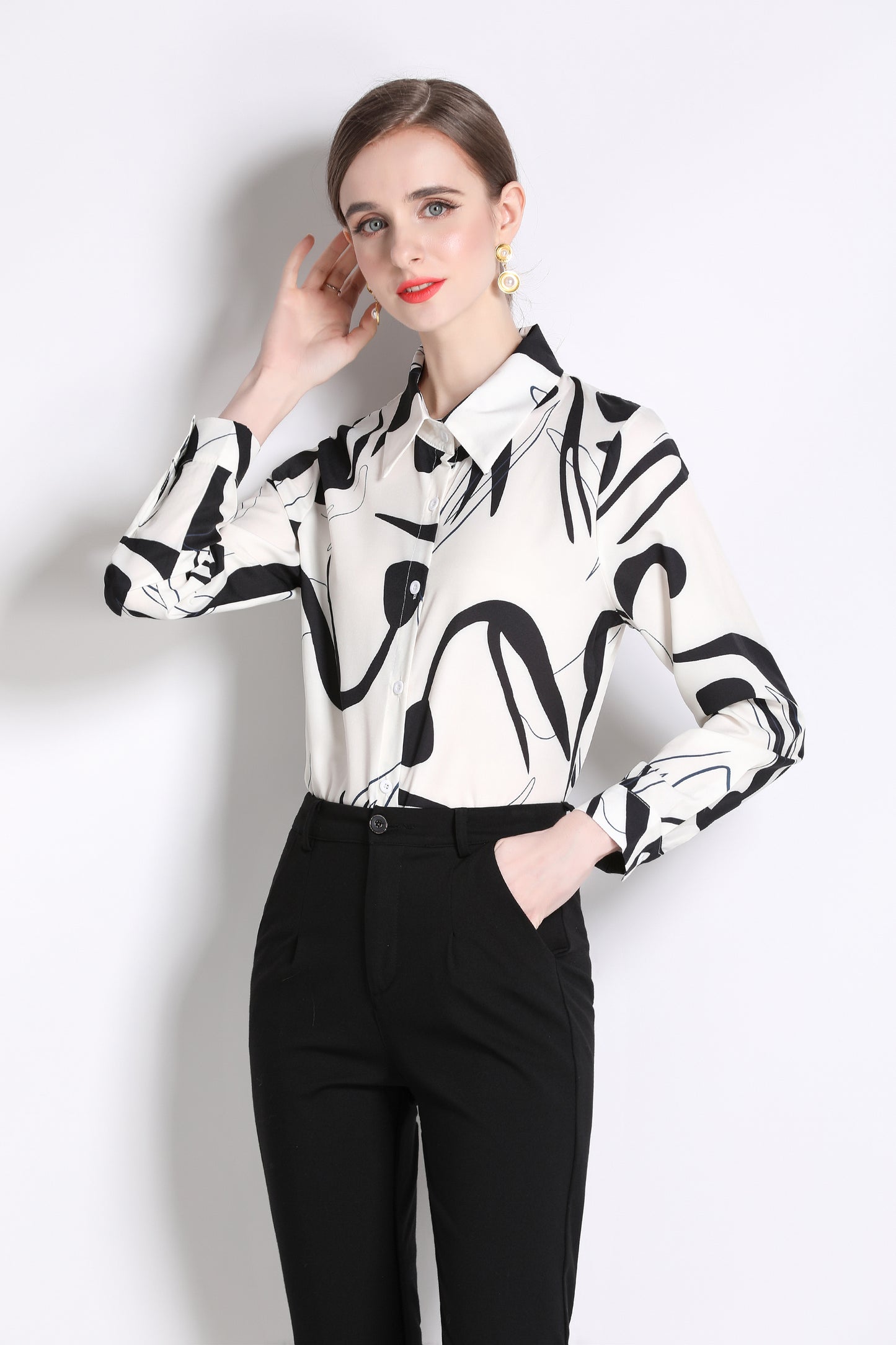 ESY-Women's Long Sleeve Lapel Collar Print Button Blouse