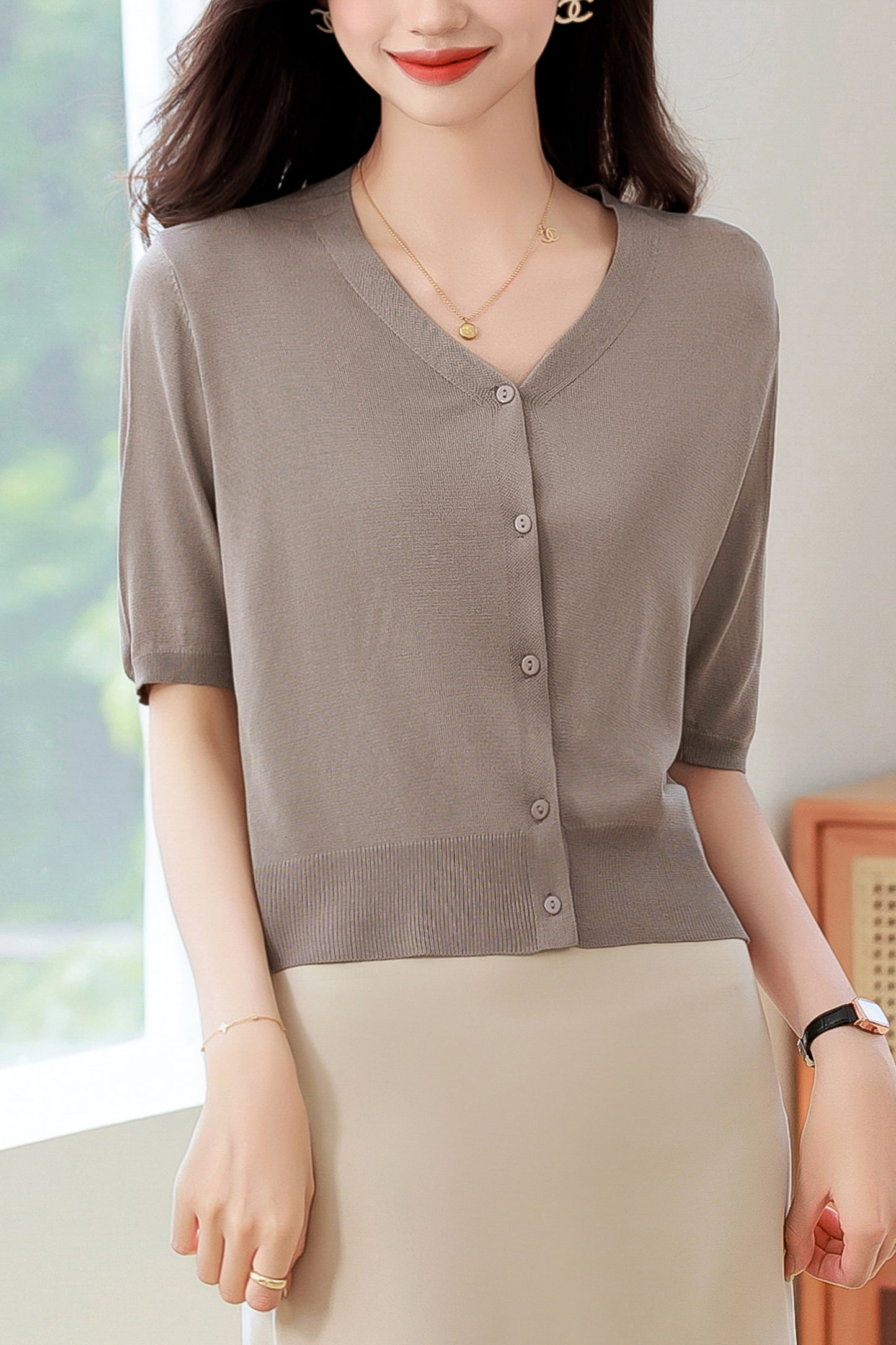 Women's Short Sleeve Ribbed Knit Cardigan Tops