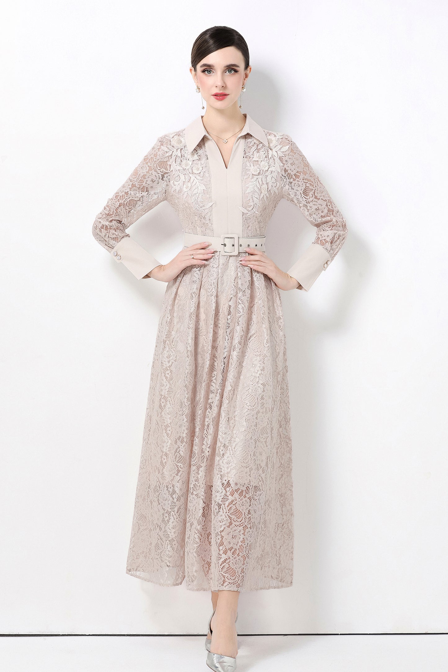 Women's Polo Collar Long Sleeve Lace Maxi Dress