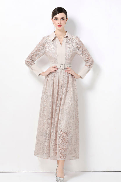 Women's Polo Collar Long Sleeve Lace Maxi Dress