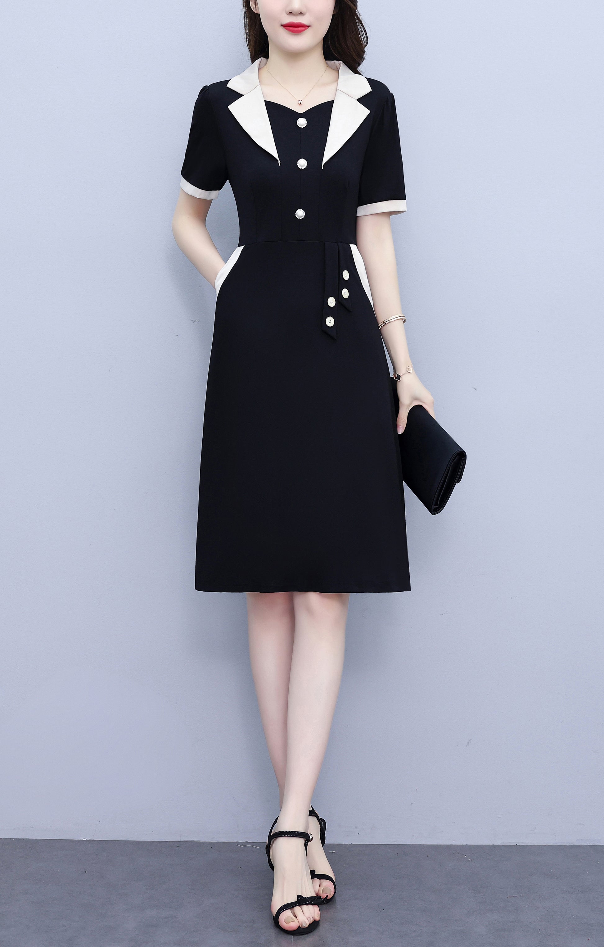 Women's Short Sleeve Pocket Work Office Suit Dress - LAI MENG FIVE CATS