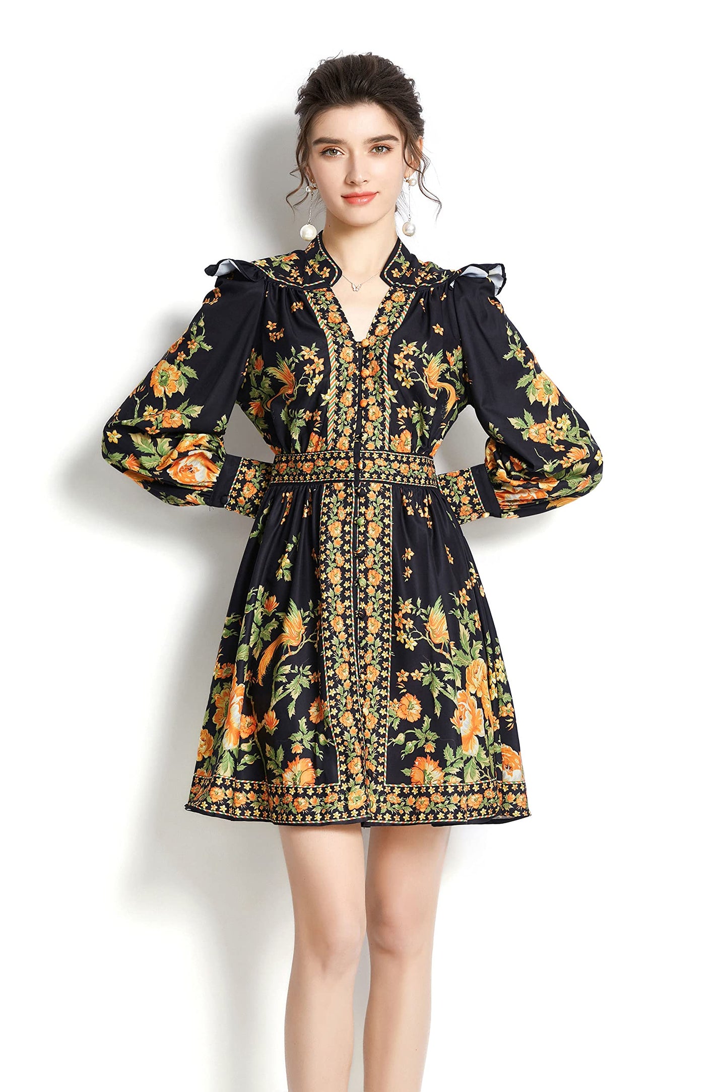 Women's Floral Print Button up Lantern Sleeve Casual A-line Mini Dress