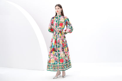 Women's Printed High-neck Puff Sleeves Maxi Dress