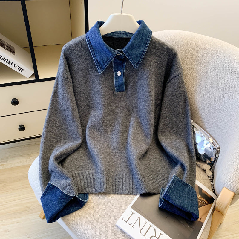 Denim Collar Color-Block Knit Sweater – Faux Two-Piece Long Sleeve Top - LAI MENG FIVE CATS