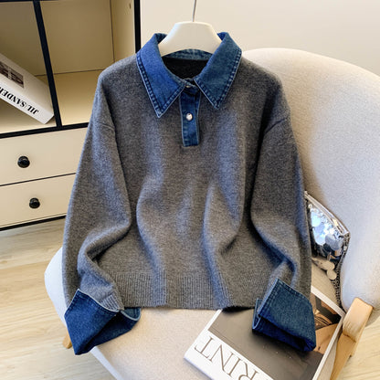 Denim Collar Color-Block Knit Sweater – Faux Two-Piece Long Sleeve Top - LAI MENG FIVE CATS