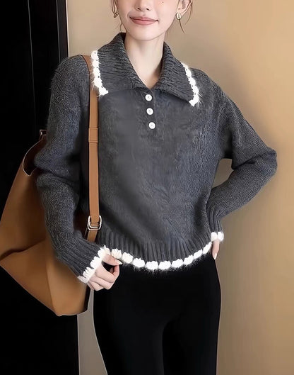 Contrast Trim Knit Polo Sweater | Soft Long Sleeve Pullover