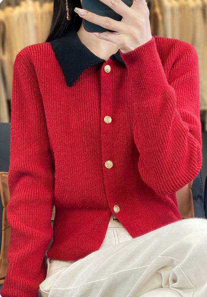 Chic Contrast Collar Knit Cardigan – Vintage Button Ribbed Sweater Top