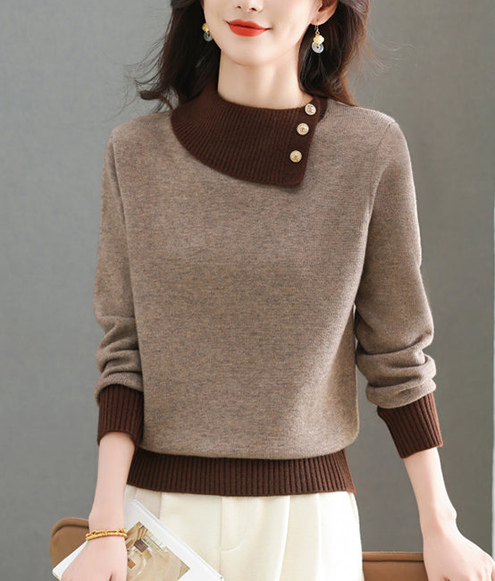 Chic Color-Block Knit Sweater – Asymmetric Neck Pullover Tops