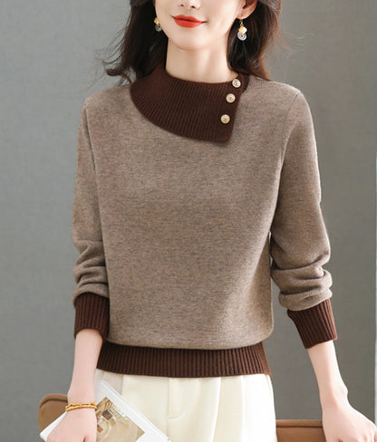 Chic Color-Block Knit Sweater – Asymmetric Neck Pullover Tops