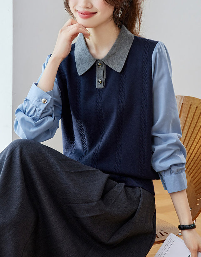 Color Block Cable Knit Polo Top – Faux Two-Piece Sweater Shirt
