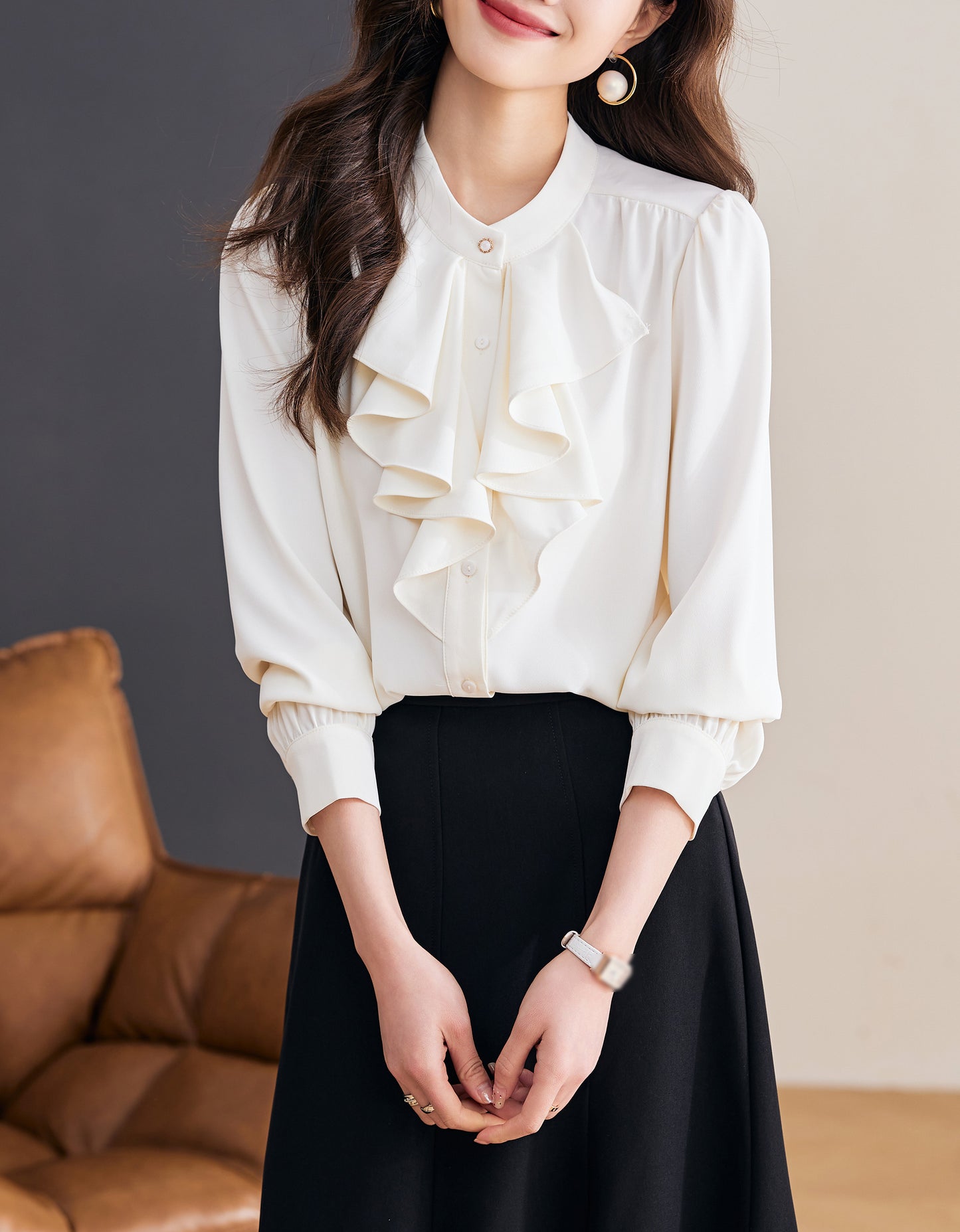 Title: Elegant Ruffle Front Blouse | Feminine Stand Collar Shirt
