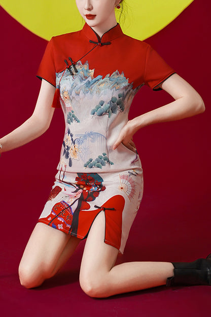 Women's Chinese Cheongsam Print Retro Side Slit Mini Dress