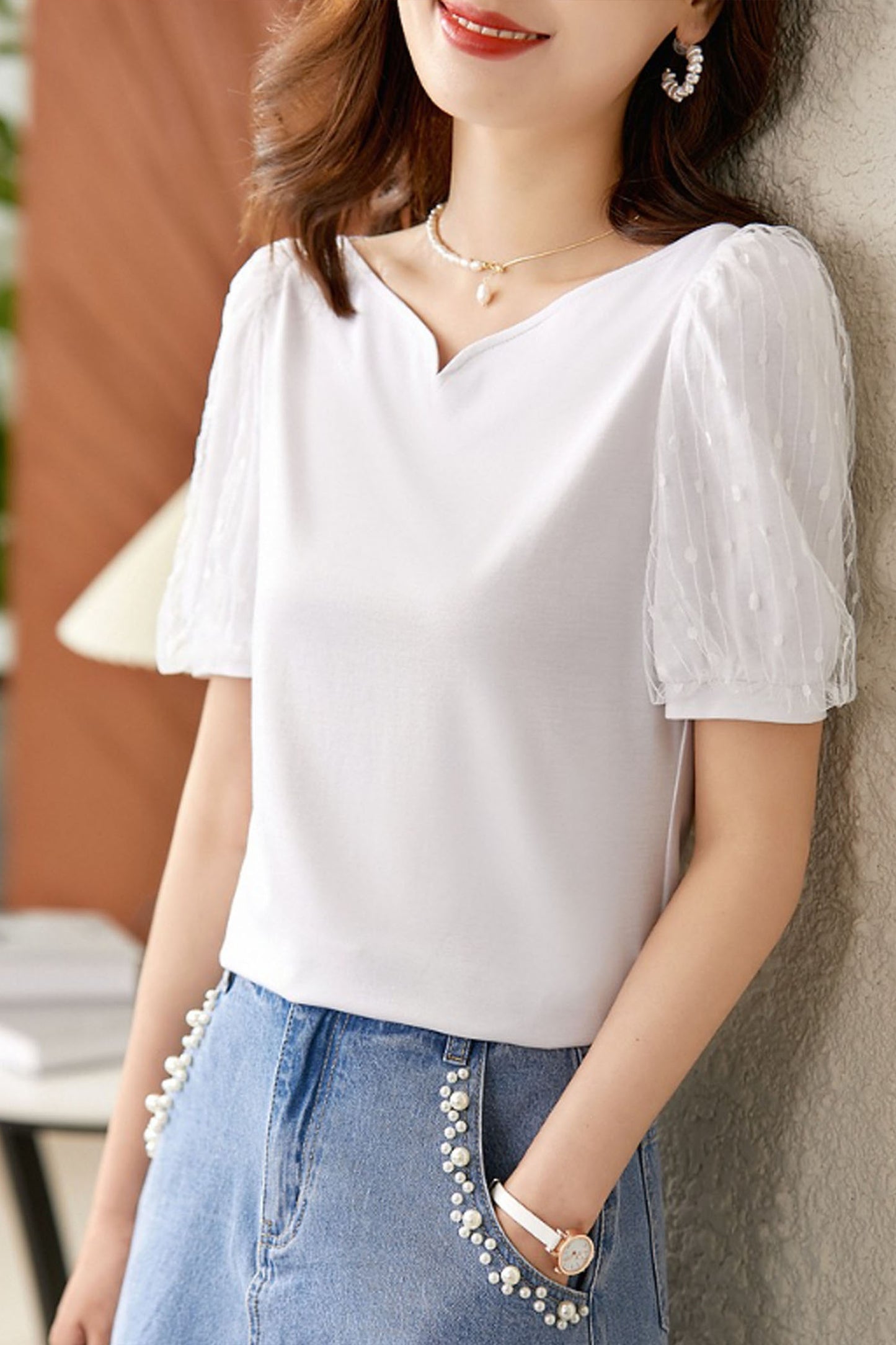 White Casual Patchwork Solid Color Shirt Tops