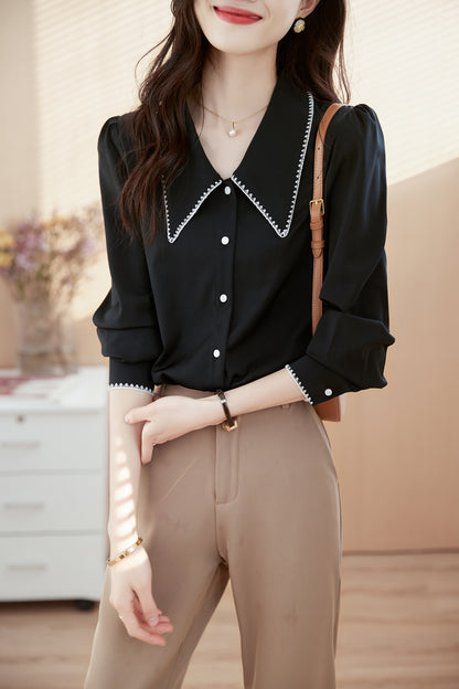 Women's Contrast Collar V Neck Lantern Sleeve Blouse